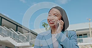 Asian woman, real estate or agent phone call for city buildings sale, commercial property deal or office space
