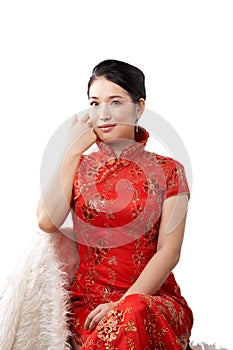 Asian woman in red dress