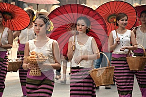 Asian Woman With Red Handmade Umbrella