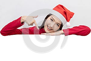 Asian Woman with Red Santa Claus Hat with Blank Copy Space