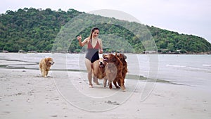 Asian woman relaxing with dog on the beach. Golden Retriever recreation and lifestyle on summer holiday