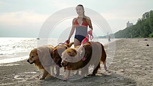 Asian woman relaxing with dog on the beach. Golden Retriever recreation and lifestyle on summer holiday