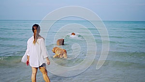 Asian woman relaxing with dog on the beach. Recreation and lifestyle on summer holiday