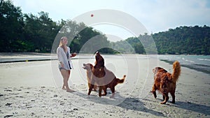 Asian woman relaxing with dog on the beach. Recreation and lifestyle on summer holiday