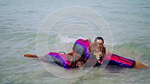 Asian woman relaxing with dog on the beach. Recreation and lifestyle on summer holiday