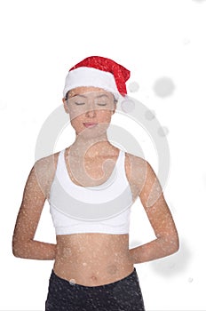 Asian woman in Santa costume is engaged in fitness