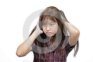 Asian woman scratching itchy head with frustrate face expression
