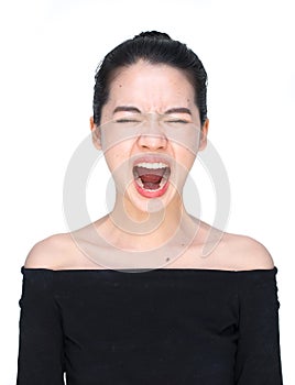Asian woman screaming loudly isolated on white photo