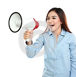 Asian woman shouting with a megaphone