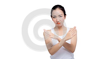 Asian woman showing denial with NO on her hand with blank copy space