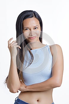 Asian Woman showing emotions of thinking isolated white background