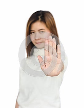 Asian woman showing hand sign .