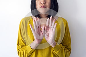 Asian woman showing hands removes flaky skin,Health care skin concept,Close up