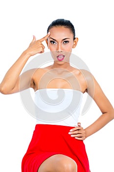 Asian woman showing idiot sign