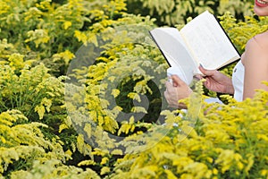 An Asian woman sits in a chair in a yellow flower garden studying the two words of God from the Bible. Concept of learning to