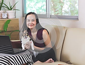 Asian woman sitting on couch in living room with  computer notebook  holding  Chihuahua dog looking and smiling at camera , work