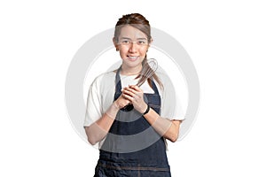 Asian woman smiling wear white t-shirt with apron holding whisk for bakery isolate on white background, With clipping path