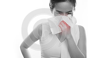 Asian woman sneezing on isolated white background. concept of h