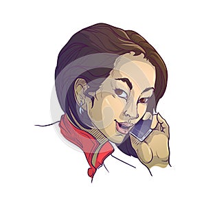 Asian woman speaking on the phone. Painted sketch, isolated on a white background