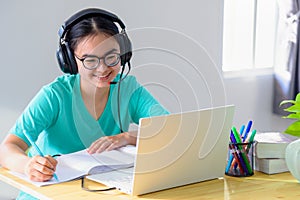 Asian woman student happy in class online learning