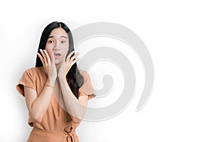 Asian woman surprise face with copy space on isolated white.