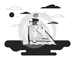 Asian woman surviving boat accident black and white cartoon flat illustration