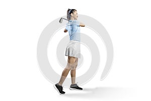 Asian woman swing the iron golf club