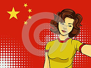 Asian woman taking selfie photo in front of national flag China in pop art style illustration. Element of sport fan illustration f