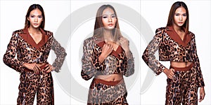 Asian Woman Tan skin high fashion wears Snake Skin