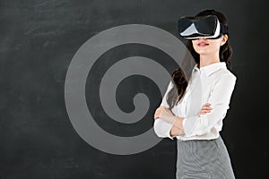 Asian woman teacher enjoy experience VR headset education
