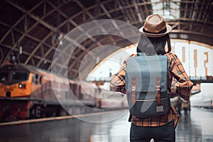 Asian woman tourist traveller backpack to train station. at Hua Lamphong Station Bangkok Thailand