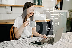 Asian woman typing smartphone, keyboard with laptop computer of.Social media and Marketing virtual icons screen concept