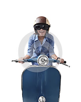 Asian woman using helmet driving blue retro motorcycle