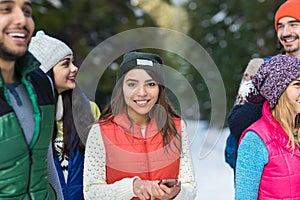 Asian Woman Using Smart Phone Snow Forest Happy Smiling Young People Group Walking Outdoor Winter