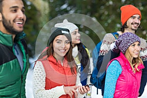 Asian Woman Using Smart Phone Snow Forest Happy Smiling Young People Group Walking Outdoor Winter