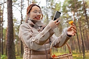 asian woman using smartphone to identify mushroom