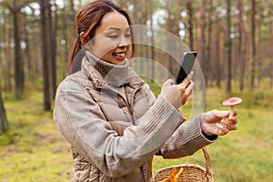 asian woman using smartphone to identify mushroom