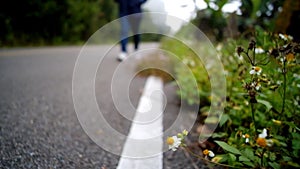 Asian woman is walking with freedom in natural wild jungle and foggy rain forest on countryside of mountain. Soft and