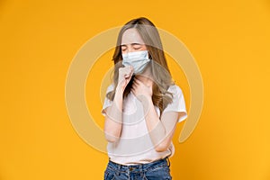 Asian woman wear masks to protect disease on yellow background