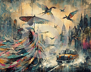 asian woman wear traditional dress walk rainy city skyline stop taxi cab year of the chinese dragon