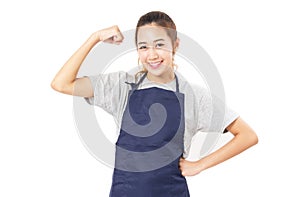 Asian Woman Wearing Apron And Flex Her Muscles.