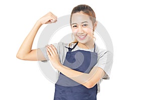 Asian Woman Wearing Apron And Flex Her Muscles.