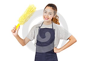 Asian Woman Wearing Apron Holding Yellow Dust Cleaner.