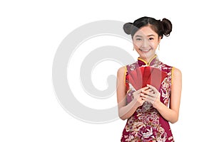 Asian woman wearing chinese dress hold red envelopes or cheongsam,qipao