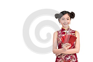 Asian woman wearing chinese dress hold Red envelopes or cheongsam,qipao