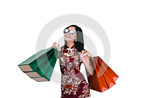 Asian woman wearing chinese dress hold shopping bag cheongsam,qipao smile i