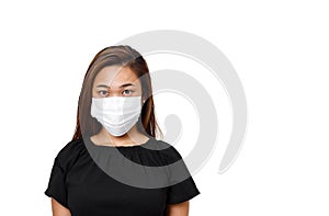 Asian woman wearing face mask for protection against coronavirus in white background with space for text. For promotion space adve