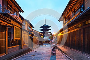 Asian woman wearing japanese traditional kimono at Yasaka Pagoda and Sannen Zaka Street in Kyoto, Japan