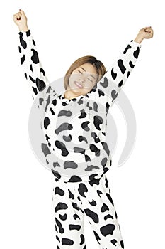 Asian woman wearing a pajamas on white background
