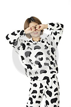 Asian woman wearing a pajamas on white background